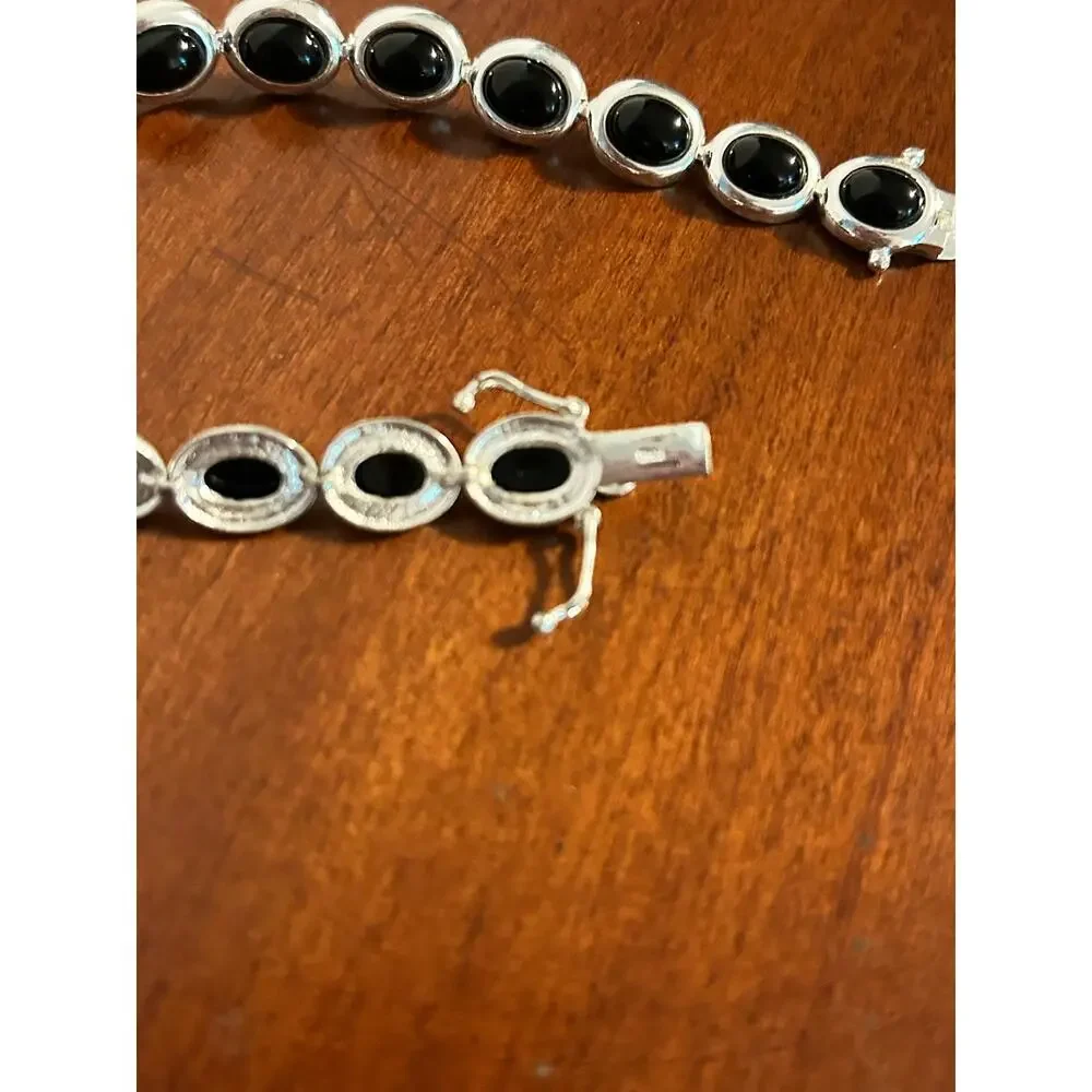 925 Sterling Silver Bezel Set Oval Black Onyx Link Bracelet 7.5